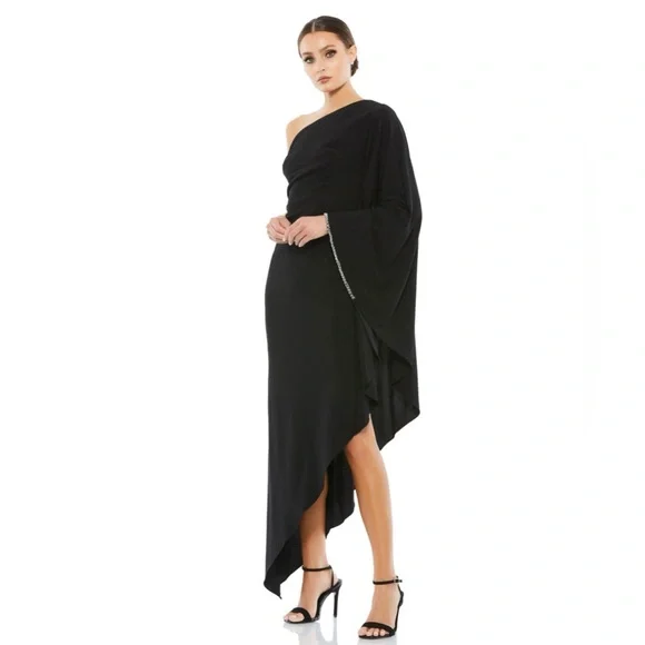 Mac Duggal | 11247 Black One Shoulder Asymmetrical Hem Flowy Dress New 4 Holiday - Picture 3 of 16